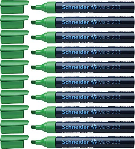 Schneider Maxx 233 Permanent-Marker mit Keilspitze (nachfüllbar, Cap-Off-Ink, Aluminiumschaft, 1 - 5 mm) 10er Packung grün