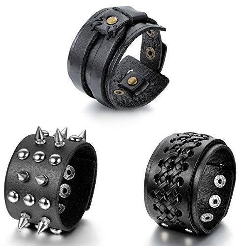 Cupimatch 3PCS Herren Vintage Breites Lederarmband Set, Geflochten Punk Rock Manschette Nieten Druckknopf Armband, Verstellbaren Größen, Leder Legierung, schwarz