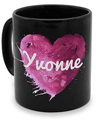 printplanet - Tasse Schwarz mit Namen Yvonne - Motiv: Painted Heart - Namenstasse, Kaffeebecher, Mug, Becher, Kaffeetasse