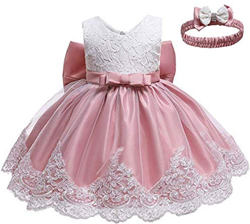 Bébé Fille Robe Demoiselle d'honneur Fête sans Manches Blanc Dentelle Robe d'anniversaire Princesse Bowknot Filles Tutu Robe Baptême Mariage Pageant 0-24 Mois (Poudre de haricots, 3M (0-3 Mois))