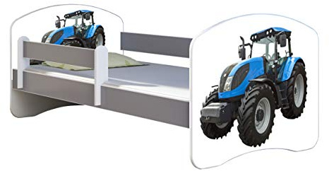 ACMA Kinderbett Jugendbett mit Matratze Grau mit Rausfallschutz Lattenrost II Spielbett Kinderzimmer Möbel (42 Traktor, 160x80)