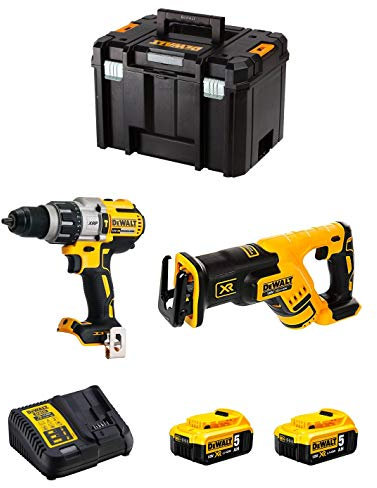 DeWALT Kit DWK218 (Perceuse à Percussion DCD996 + Scie Sabre DCS367 + 2 Batteries de 5,0 Ah + Chargeur + TSTAK VI)
