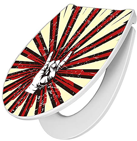 banjado WC Sitz mit Absenkautomatik D Form - Toilettendeckel mit Absenkautomatik D Form - Klodeckel Softclose - stabile Klobrille - Toilettensitz Weiß - Motiv Rock On