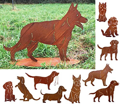 Gartenfigur Hund Schäferhund stehend 80x57cm auf Platte Edelrost Gartendeko Wetterfest Rost Metall Rostfigur Tier von Steinfigurenwelt