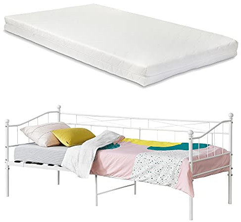 [en.casa] Metall Tagesbett Arjeplog 90x200cm mit Matratze Jugendbett Metallbett Einzelbett Bettsofa Weiß