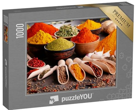 puzzleYOU: Puzzle 1000 Teile „Eine Vielzahl von Gewürzen und Kräutern auf dem Küchentisch“ – aus der Puzzle-Kollektion Gewürze, Essen und Trinken