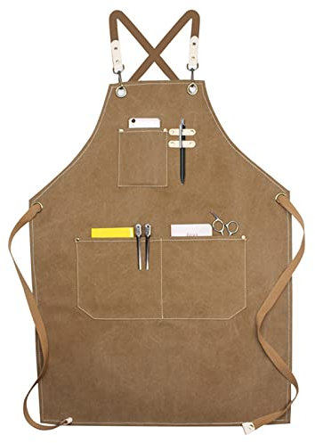 Delantal de Trabajo de Lona, Duradero Delantal para Herramientas Organizadas Hombre y Mujer con 3 Bolsillos para Carpintero Jardín/Pintor/Barrista/Apto para Casa/Camping al Aire libre - Caqui