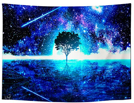 Roninkier Lebensbaum Wandteppich Psychedelic Wald - Mond Sonne Tapisserie Fluoreszierender-UV Wandbehang WandtüCher Schwarz ästhetik Wandtuch Dekor für Schlafzimmer Wohnzimmer,95x73cm