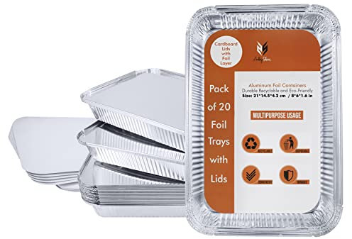 ZubyShax 20 Pack Disposable Aluminum Foil Trays - 32 * 21 * 5.5cm/2300ml Tin Foil Containers with Lids Ideal for Oven use, Food Storage,BBQ & Baking (Pack of 20-With Lids- 21 * 14.5 * 4.2cm/800ml)