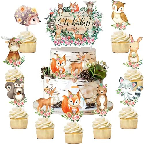 25 Stück Oh Baby Cake Topper Baby Shower Deko, Babyparty Tortendeko Jungen und Mädchen,Gender Reveal Party Babyparty Deko Animal Forest Tortenaufleger Dekoration(Tierische Kuchendekorationen)