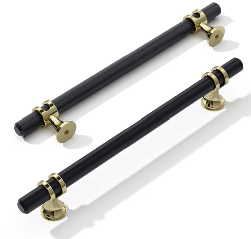 FURNIWARE Pack of 10 Cabinet Handles, Hardware Drawer Pulls, Zinc Alloy + Aluminum Kitchen Cabinet Door Handles Pull, 160mm(6.3 Inch) Hole Center Gold + Black