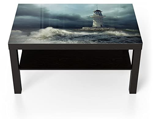 DEQORI Glastisch | schwarz groß 90x50 cm | Motiv Leuchtturm im Sturm | ausgefallener Beistelltisch aus Glas | Hochglanz Couchtisch fürs Wohnzimmer | moderner Couch Tisch mit Design