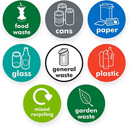 Recycling stickers for bins - Pack of 8 mixed recycling signs - 100mm diameter - Self adhesive vinyl labels