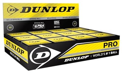 Dunlop Squashbälle Pro White, 2 gelbe Punkte, 12 Bälle | Glascourt-Ball | Offizieller PSA- & World-Squash-Ball | Niedriger Bounce | Pro-Kontrolle & Haltbarkeit