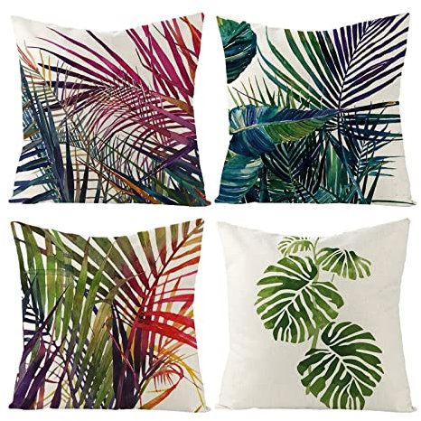 Linum Kissenhülle 40X40, Couchkissen Vintage Kopfkissenbezug 4Er Set Blätter-Muster Lila Grün für Stuhl Sofa Wohnzimmer Schlafzimmer