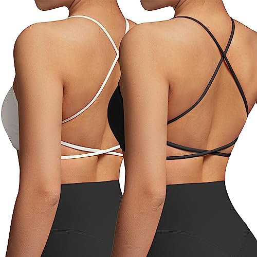 RXRXCOCO Damen Sport BH Rückenfrei Gekreuzt Spaghettiträger Gepolstert Sports Bra Ohne Bügel Dünne Träger Sport Bustier Schwarz Weiß M
