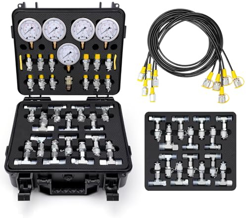 Hydraulisches Drucktest-Set, 5 Messgeräte (10/100/250/400/600 bar), max. 10000 psi/60 mpa, 13 Testkupplungen, 14 T-Anschlüsse, 5 Testschläuche mit stabiler tragbarer Tragetasche für Bagger,