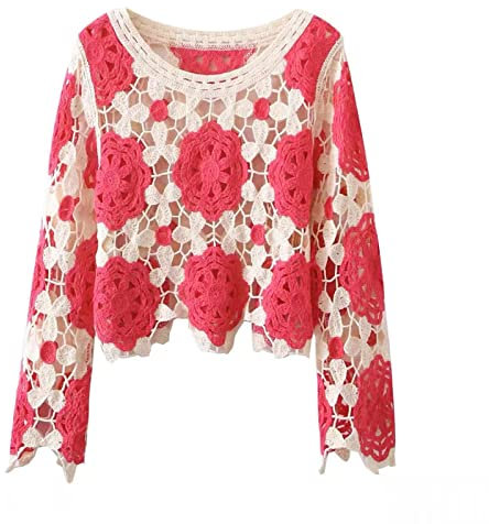 FeMereina Häkeln Crop Top Bunte Strick Langarm Tops für Frauen Stickerei Pullover Bluse Tops Boho Floral Häkeln Cover Ups Beachwear, rot, Einheitsgröße