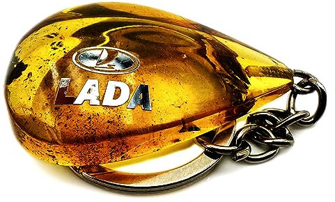 AET AUTOTEILE Naturbernstein Schlüsselanhänger Lada Logo silber natur gelb hell groß Don