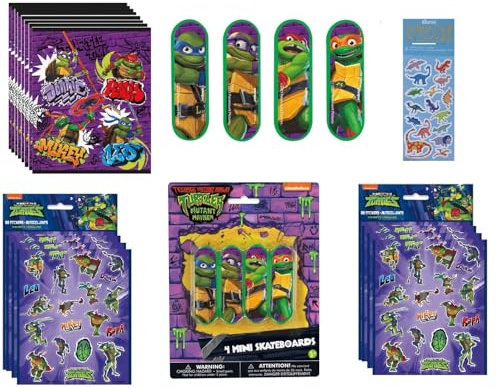 TMNT Teenage Mutant Ninja Turtles Geburtstagsparty-Zubehör-Set enthält 8 Geschenktüten, 8 Mini-Skateboards, 8 Aufkleberbögen, 8 Tattoos, 1 Dinosaurier-Aufkleberbogen