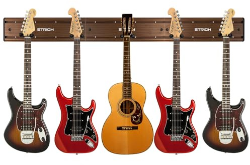 STRICH Guitar Wall Rack, Walnut Wood Grain, Guitar Wall Mount Hangers Set for Multiple Guitars, Holds 5 Guitars, Adjustable Multi Guitar Stand Display, SMH-05W