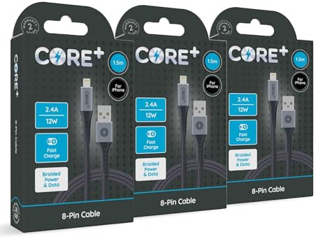 CORE + | 1.5M Length 8-Pin to USB A Charger Cable 3A 15W | Fast Charging | Compatible with iPhone, iPad, Airpods + Pro Max, Mini, Plus | iPhone 13, 14, 12, 11, 10, SE & All Models 5+ (3 x 1.5M)