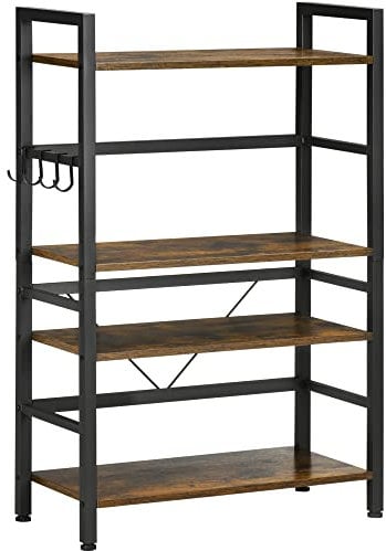 HOMCOM Étagères de Cuisine Support pour Micro-Ondes Meuble de Rangement avec 4 étagères et 4 Crochets Cadre en Acier Noir et Bois Aspect Marron dim. 65L x 30l x 102H cm