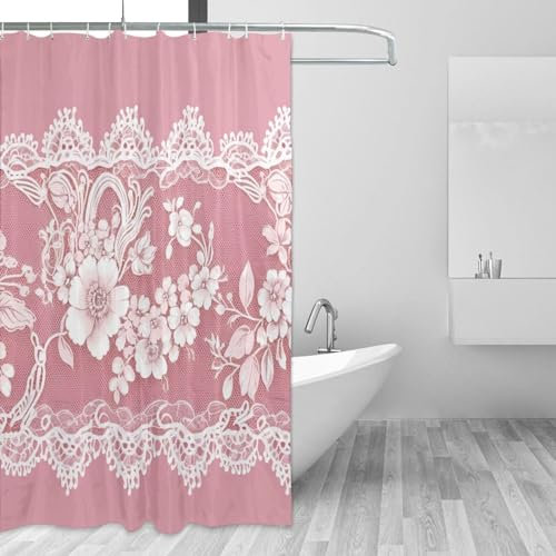 VACSAX Duschvorhang, 182 x 182 cm, wasserdicht, Badvorhang, waschbar, Stoff, Badezimmervorhang, weiße Spitze, Fadendruck, Duschkabinenvorhang mit Haken, Vorhang für Badezimmer-Dekor