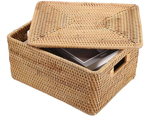 IGNPION Rattan-Aufbewahrungskorb mit Deckel, Weiden-Dekorativer Aufbewahrungskorb für Regale, Badezimmer, gewebte Aufbewahrungsbox, Schrank & Tisch, Mehrzweck-Aufbewahrungskorb für Küche, Wohnzimmer,