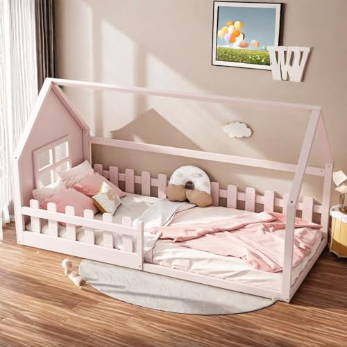 Sapgaks 90x200cm Flachbett,Kinderbett,Hausbett mit Dach und Fenster,Hausleiste,Rosa