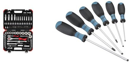 GEDORE red Steckschlüsselsatz, 94-teilig, Mit Umschaltknarren & HAZET Schraubendreher-Set 810SPC/6 | 6-teilig mit rutschfestem 3-Komponenten-Griff