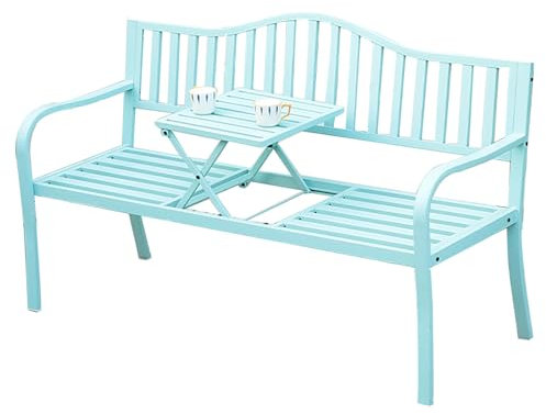 LMXRYPD Outdoor Bench with Pull Out Middle End Table, Decorative Garden Bench with Cast Steel Backrest Armrests, for Lawn balcony(Blue)