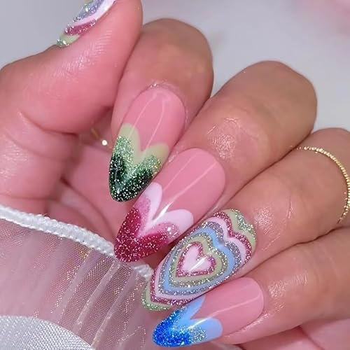 24pcs Long Almond Press-on Nails - Love Heart Glitter Blue Green Pink Stick-on Fake Nails With Removable Glue - Acrylic Nail Tips for Women - Nail Art Accessories