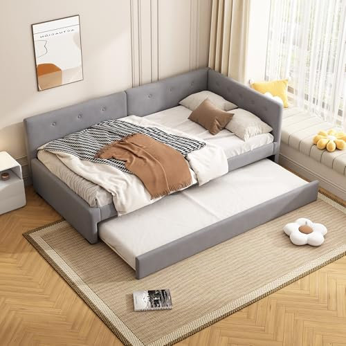 Merax Schlafsofa Polsterbett 90 x 200 cm, Ausziehbares Bettsofa, Ausziehbett mit Rollen, Samt minimalistisches Styling, Gästebett für Jugendliche und Kinder, Ohne Matratze, Grau