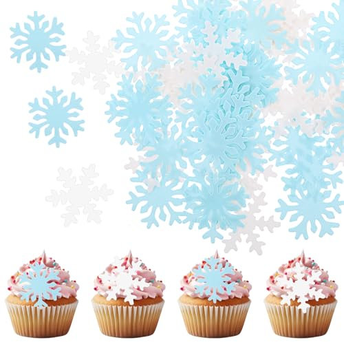 AOZUO 50 Stück Essbare Cupcake-Topper Mit Schneeflocken, Elsa Tortendeko Elsa Kuchen Deko Weißes Und Blaues Reispapier Kuchendekoration Für Weihnachten Winter Feiertage Party FrozenThema Hochzeit