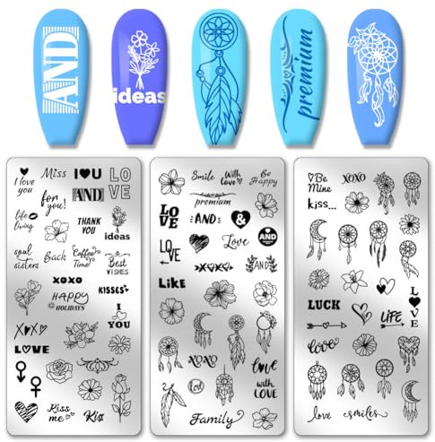 PH PandaHall 3pcs Wörter Blume Nail Stamper, Nail Stamping Plate Dreamcatcher Love Heart Nail Art Stencils Edelstahl Nail Image Plates für Nail Art Design Druck Maniküre Salon