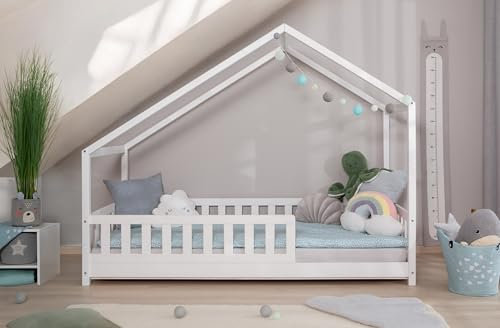 TiCAA Hausbett Bodenbett wandelbar mit asymmetrischem Dach Lou 90/100/120/140x200 cm für Jungen & Mädchen, inkl. Rolllattenrost & Rausfallschutz, Montessori Bett aus Kiefer Massivholz