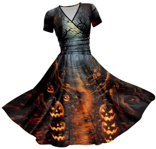 FGUUTYM Halloween Costumes for Women, Print Dress 2023, V-Neck, Short Sleeve Dresses, Flowing Maxi Dress, Festive Dresses, Women's Glitter (Dark Blue, XXXL)