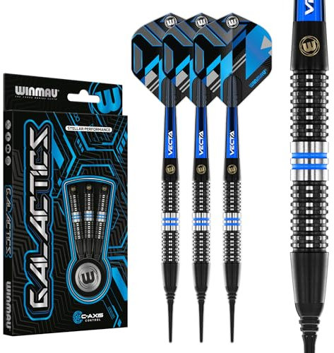 WINMAU Galactics 18 g Fass / 20 g Vollgewicht, weiche Spitze, 90% Wolfram- Professionelles Dart-Set mit Dart Flüge und Dart-Schäften