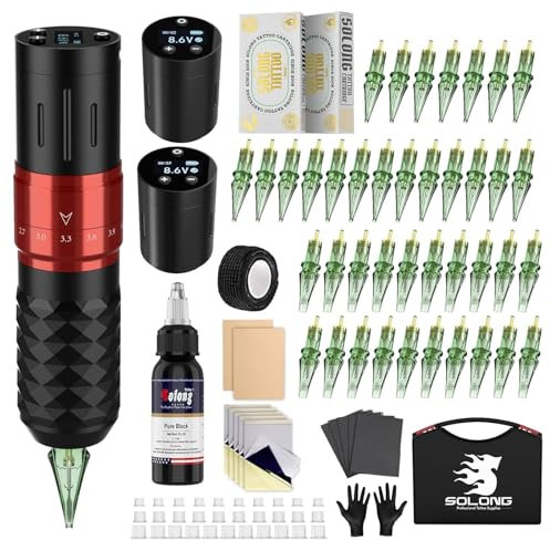 Tattoo Kit 2 Batteries 7 Strokes Tattoo Machine 6500Rpm Brushless Motor Digital LED Display Tattoo Gun with 40PCS Needles SLE75KIT-1-A