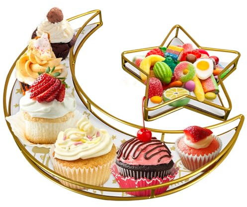 Vmxlso Ramadan Tablett, Ramadan Teller, Ramadan Geschirr Mond und Stern Muster, Eid Mubarak Tablett Eisen, Ramadan Essen Dessert Tablett, Ramadan Tischdeko für Islam Party Dessert Gebäck Ramadan Deko