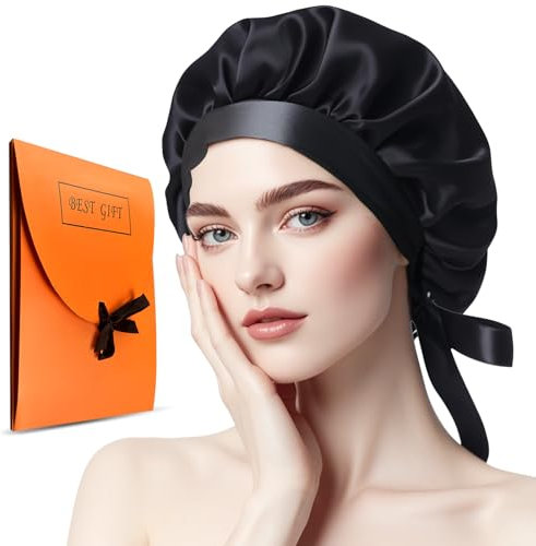 Seidenmütze,Maulbeerseide Schlafmütze Rutschfest Verstellbar,Seidenhaube zum Schlafen Atmungsaktiver,Kopfbedeckung Seidenhaube,Nachtmütze für lockiges Haar mit elastischem Band,Haarpflege (Schwarz)