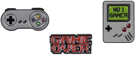 Games Console Themed Gift Set Collection Of 3 Pin badges Including A Classic Grey Gaming Pad, Pixelated Game Over And A Classic Grey Handheld Games Console