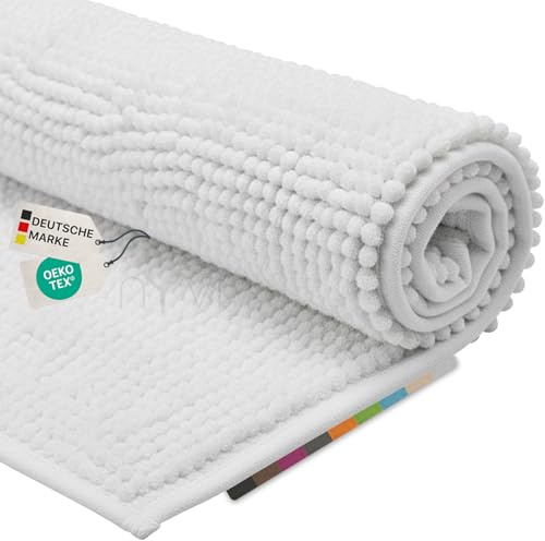 NYVI Badematte NYVISpa Chenille Badteppich 70x120 cm Rechteckig Weiß | Rutschfest, Saugstark, Schnell Trocknend, Fußbodenheizung geeignet, OEKO-TEX, Waschbar, Weich