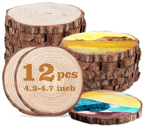 ilauke 12 pcs Rondin de Bois Deco 11-12cm sans Trou, Craft Disque Rondelles Bois Naturel Brut, pour Decoration Pyrogravure,Artisanat et Décoration de Noël et Mariage