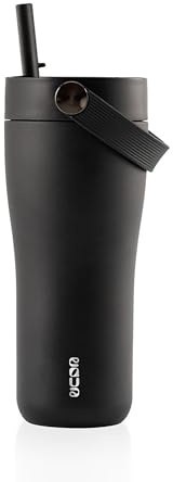 EQUA Carry Cup, Edelstahl Isolierte Trinkflasche Mit klappbarem Strohhalm and weicher Tragegriff - 600ml, 15 Stunden kalt oder bis zu 8 Stunden heiß, 100% auslaufsicher (Black)