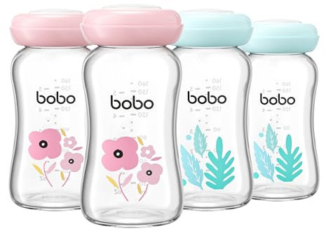 YOHKOH Lot de 4 bouteilles en verre de 160 ml pour le lait maternel, de qualité supérieure, passent au lave-vaisselle, au congélateur et au micro-ondes, multicolores, 160 ml