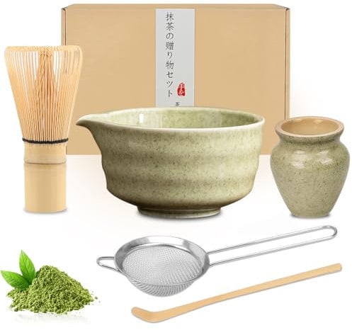 KUWUNG Matcha Whisk Set, 5 PCS Matcha Tea Set with Ceramic Matcha Bowl Whisk Holder and Spoon Sifter Whisk Holder Filter,Reusable Matcha Making Kit