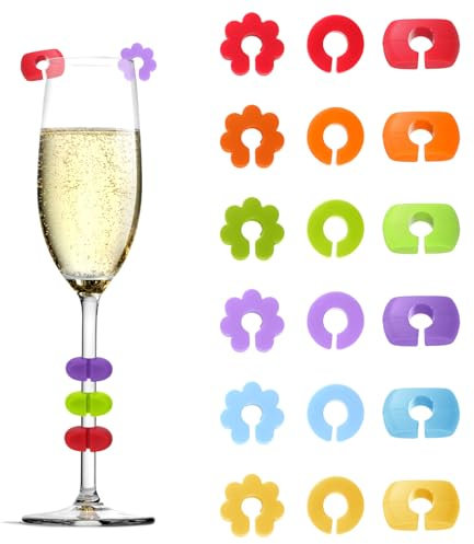 18 Pcs Wine Glass Charms, Silicone Reusable Colorful Drink Markers Cup Labels Tags for Wine Glasses Champagne Flutes and Beverage Bottles,Suitable for Parties Events Bars Home Use (3 Shapes)