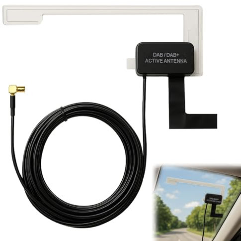 DAB Aerial Car, DAB Car Aerial Adapter, Cable Antenna SMB Right Angle Digtial Radio with 300CM Cable and Mount, SMB Adapter with Glass Mount for Pioneer, Clarion, Kenwood, Alpine, JVC